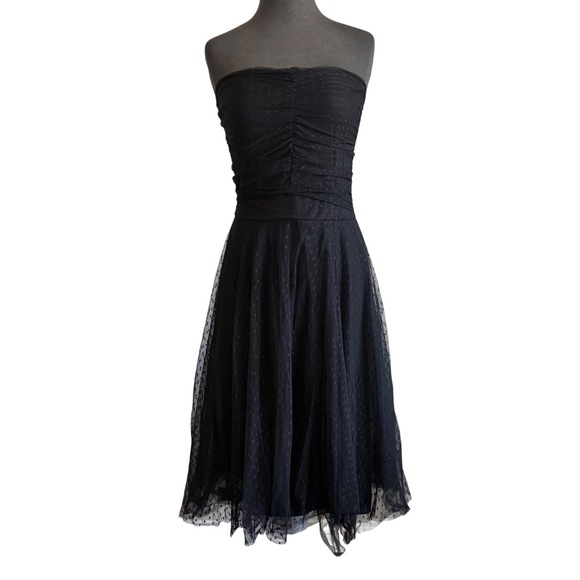 Forever 21 Dresses & Skirts - Y2K Forever 21 Black Swiss Dot Tulle Strapless Ruched Midi Dress Fit and Flare‎
